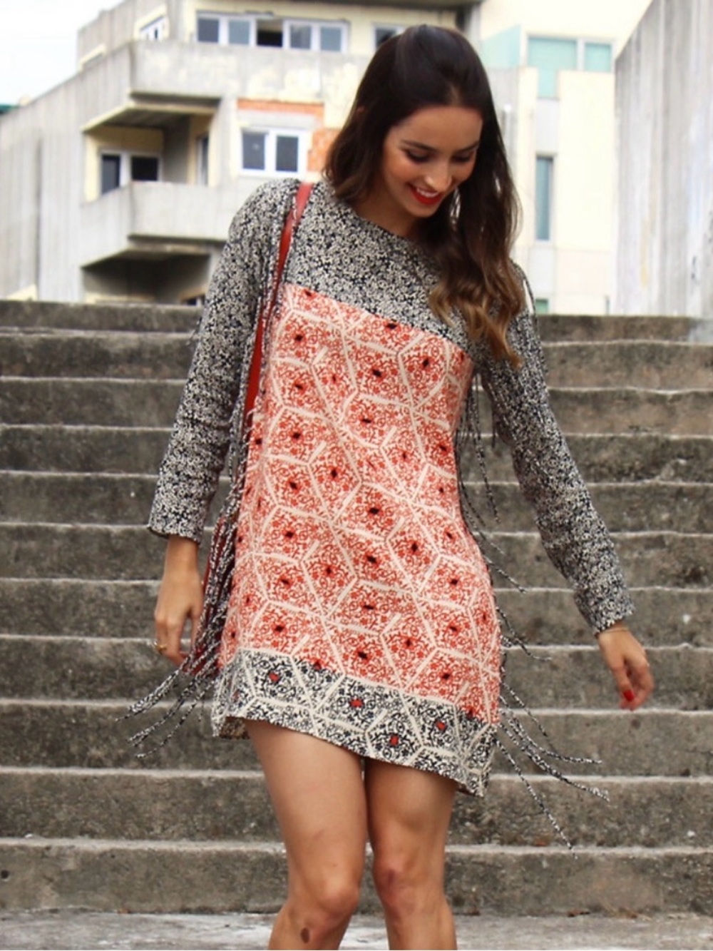 Zara Geo Print Fringe Shift Dress Orange Black White Long Sleeve Viscose Size M
